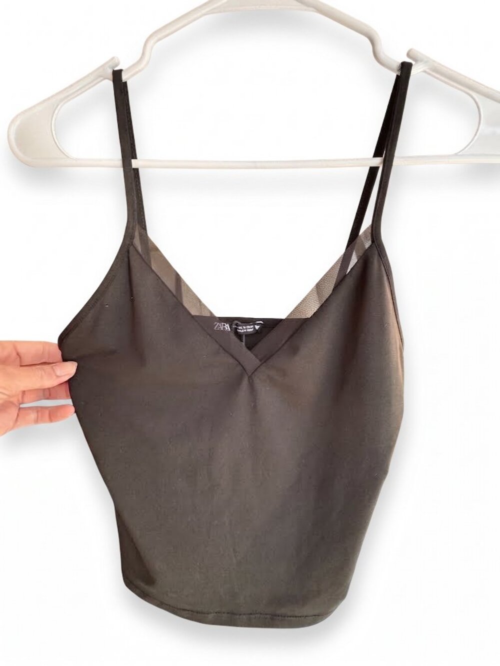 Zara Black V-Neck Camisole Tank Top with Sheer Mesh Trim, Medium